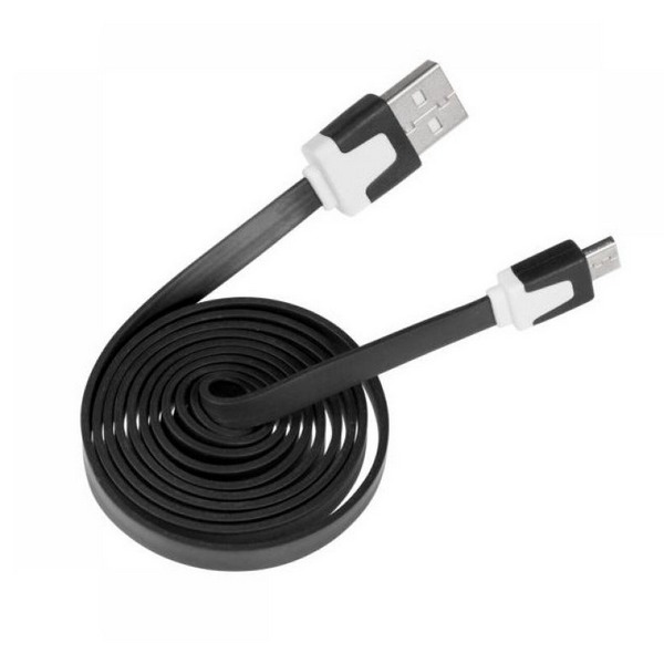 USB 2.0 kaapeli, A uros - Micro-B uros, litteä, musta, 2m